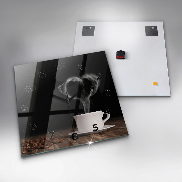 Square glass wall clock A cup of hot coffee