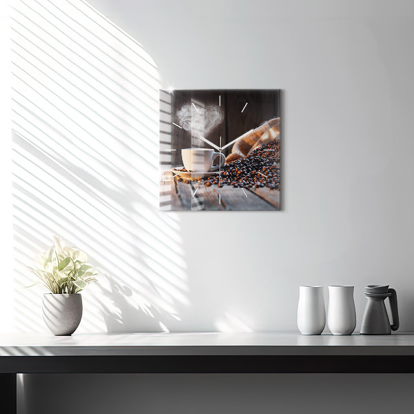 Square glass wall clock A cup of coffee