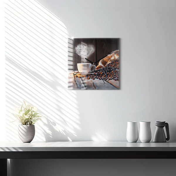 Square glass wall clock A cup of coffee