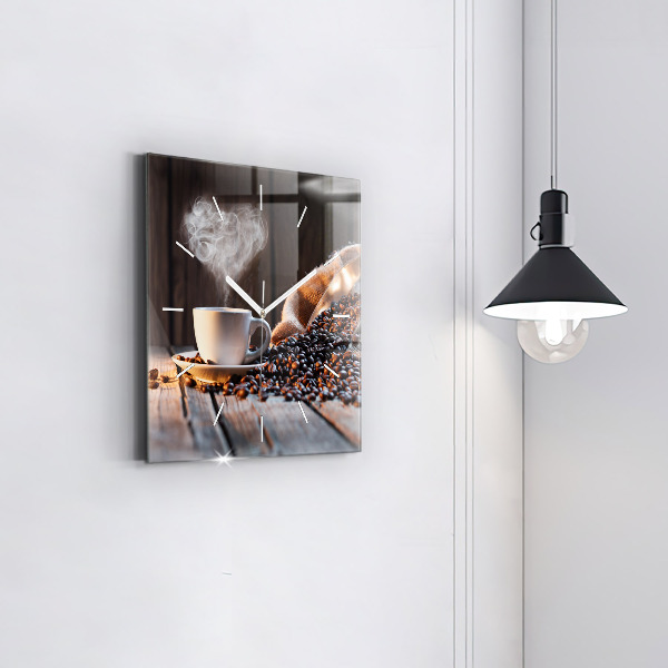 Square glass wall clock A cup of coffee
