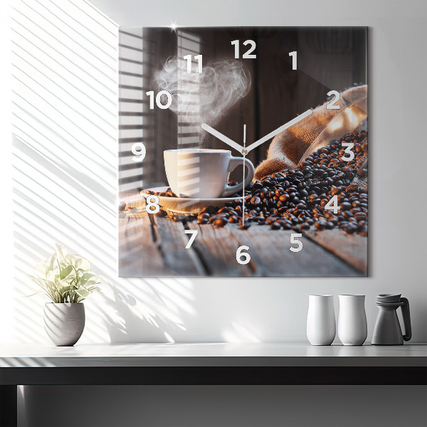 Square glass wall clock A cup of coffee