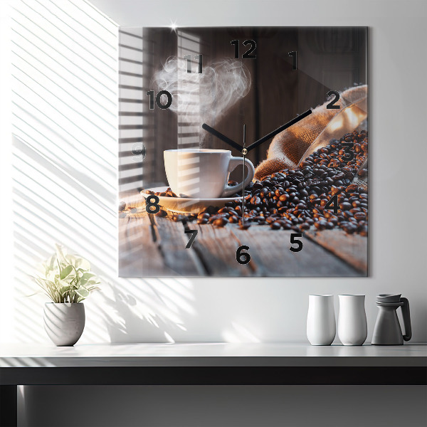 Square glass wall clock A cup of coffee