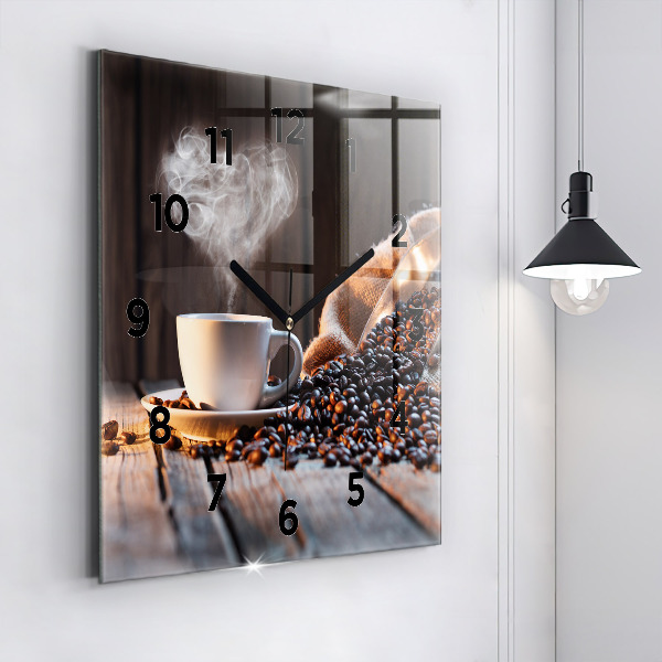 Square glass wall clock A cup of coffee