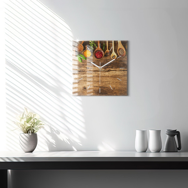 Square glass wall clock Spoons of spices