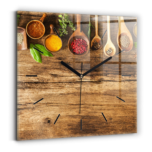 Square glass wall clock Spoons of spices