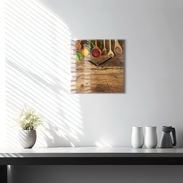 Square glass wall clock Spoons of spices