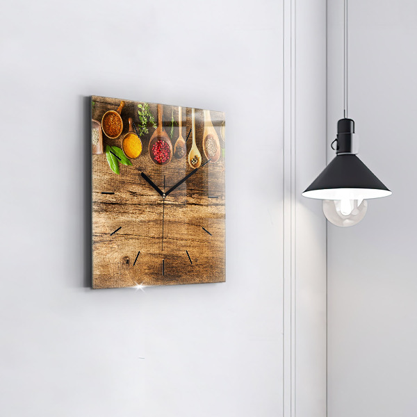 Square glass wall clock Spoons of spices