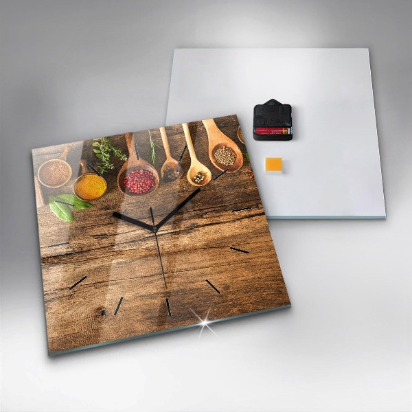 Square glass wall clock Spoons of spices