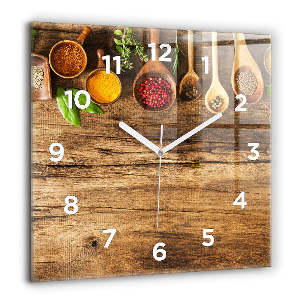 Square glass wall clock Spoons of spices