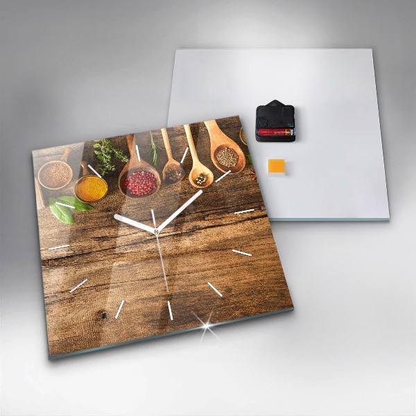 Square glass wall clock Spoons of spices