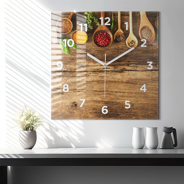 Square glass wall clock Spoons of spices