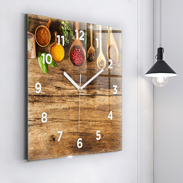 Square glass wall clock Spoons of spices