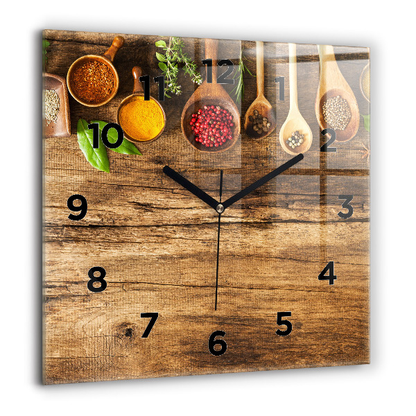 Square glass wall clock Spoons of spices