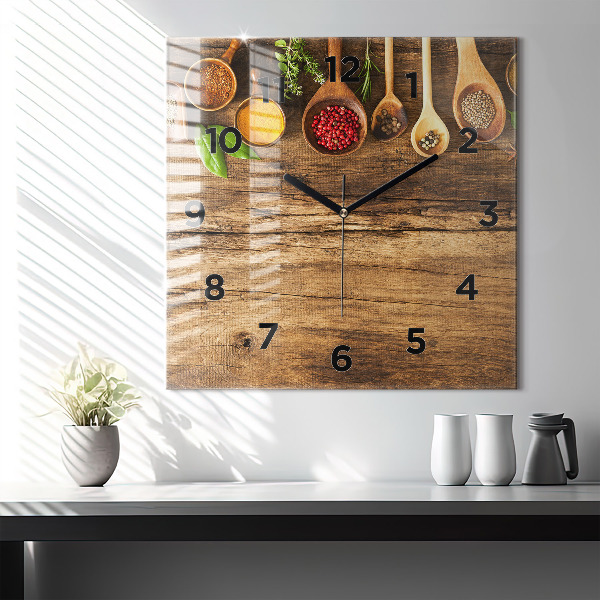 Square glass wall clock Spoons of spices