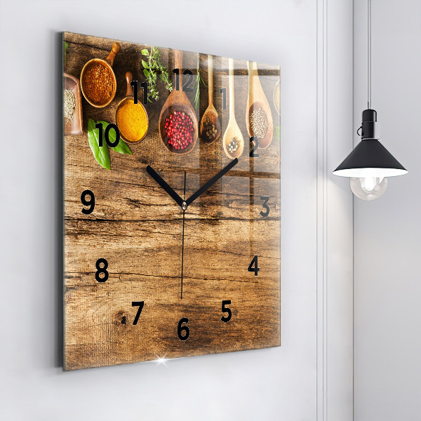 Square glass wall clock Spoons of spices