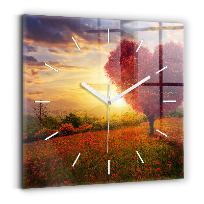 Square glass wall clock Love Heart Tree