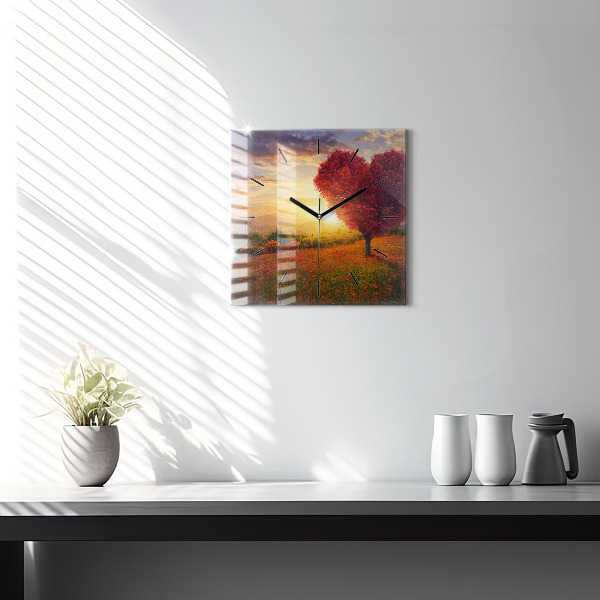 Square glass wall clock Love Heart Tree