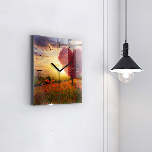 Square glass wall clock Love Heart Tree