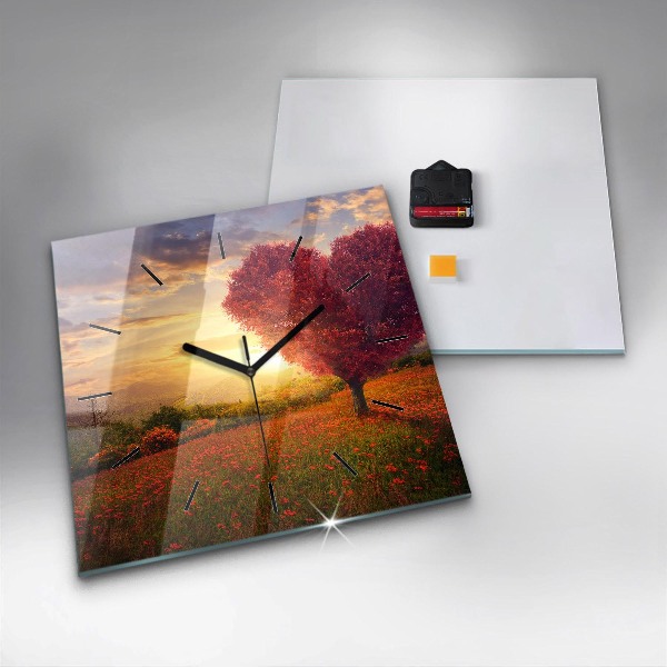 Square glass wall clock Love Heart Tree