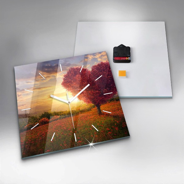 Square glass wall clock Love Heart Tree