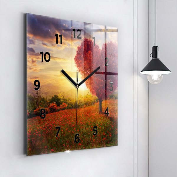 Square glass wall clock Love Heart Tree