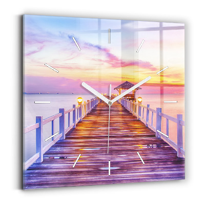 Square glass wall clock The bridge in the port in the evening