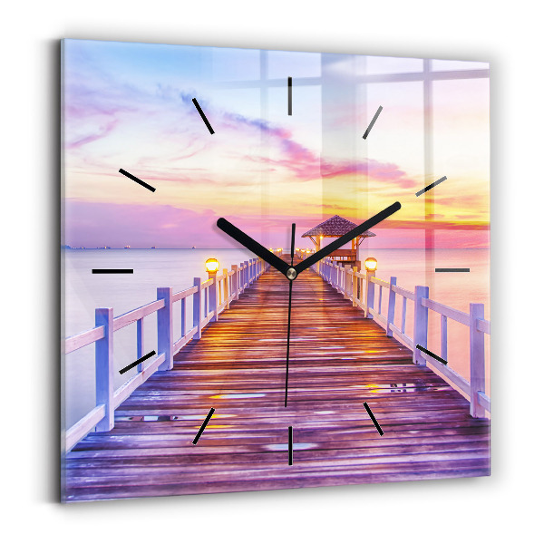 Square glass wall clock The bridge in the port in the evening