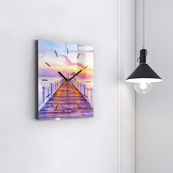 Square glass wall clock The bridge in the port in the evening