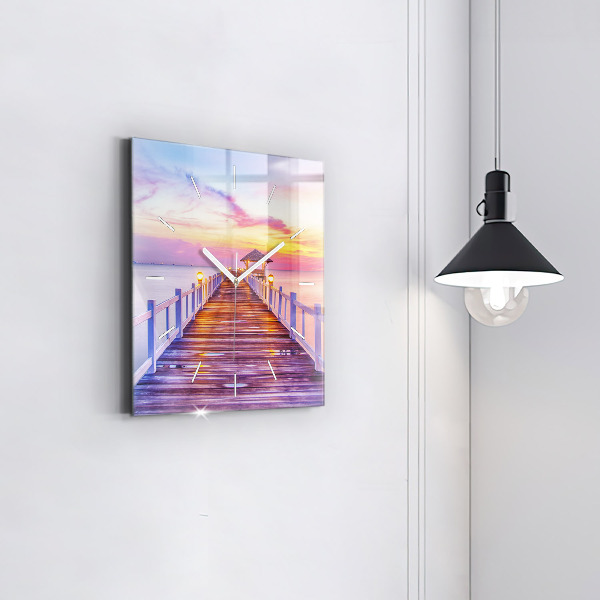 Square glass wall clock The bridge in the port in the evening