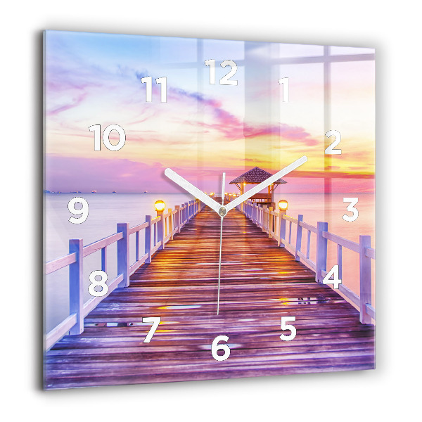 Square glass wall clock The bridge in the port in the evening
