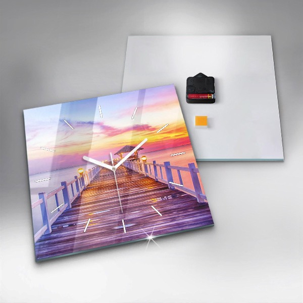 Square glass wall clock The bridge in the port in the evening