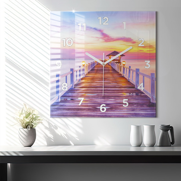 Square glass wall clock The bridge in the port in the evening