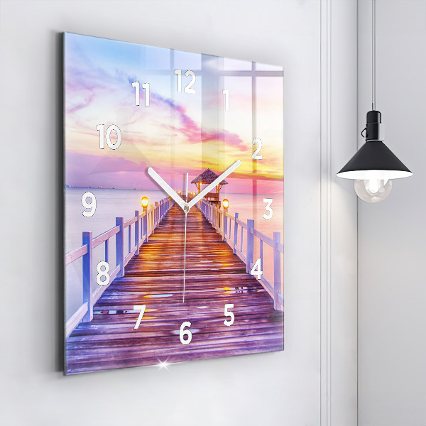 Square glass wall clock The bridge in the port in the evening