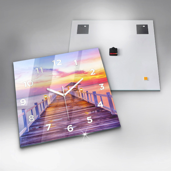 Square glass wall clock The bridge in the port in the evening