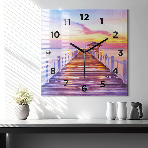 Square glass wall clock The bridge in the port in the evening