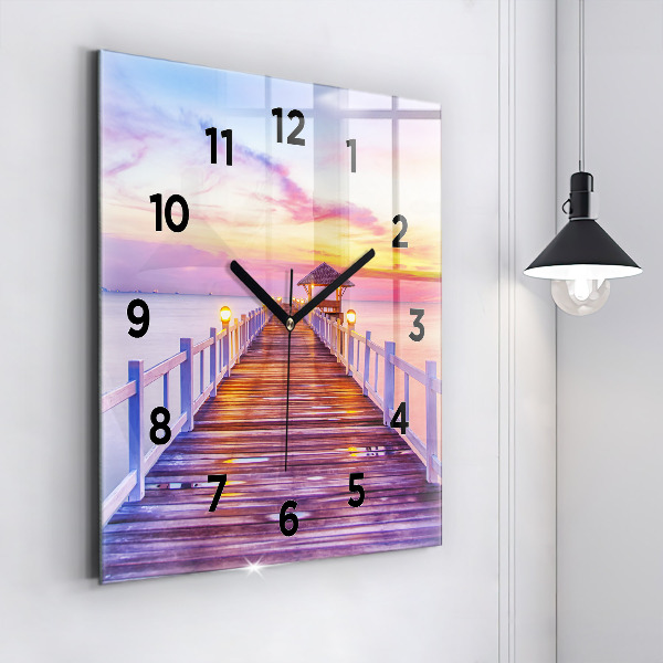 Square glass wall clock The bridge in the port in the evening