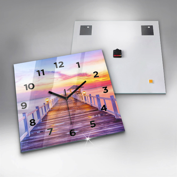 Square glass wall clock The bridge in the port in the evening