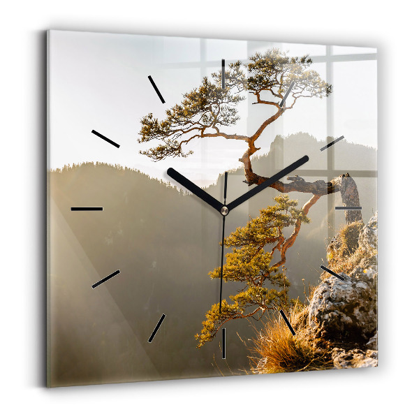 Square glass wall clock A tree in the mountains
