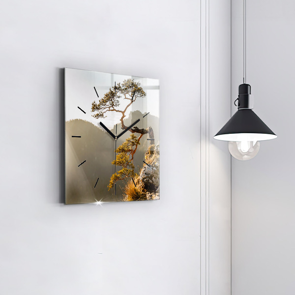 Square glass wall clock A tree in the mountains