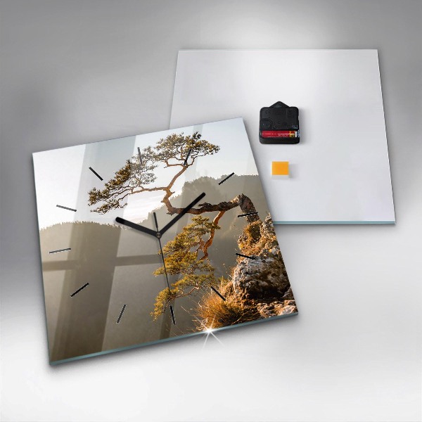 Square glass wall clock A tree in the mountains