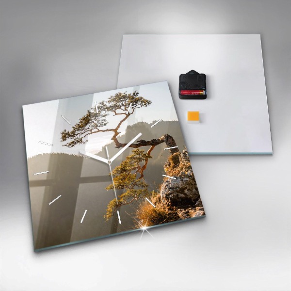Square glass wall clock A tree in the mountains