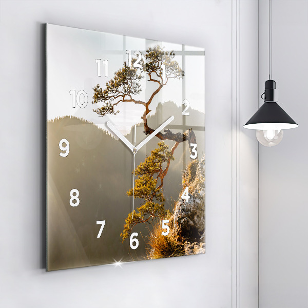 Square glass wall clock A tree in the mountains