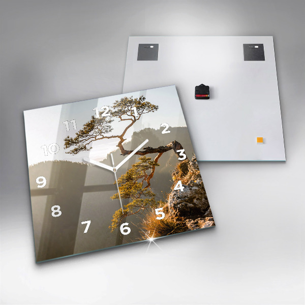 Square glass wall clock A tree in the mountains