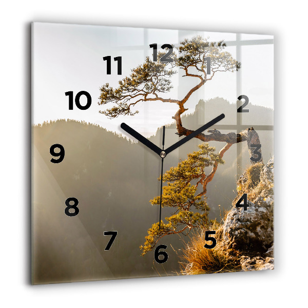 Square glass wall clock A tree in the mountains