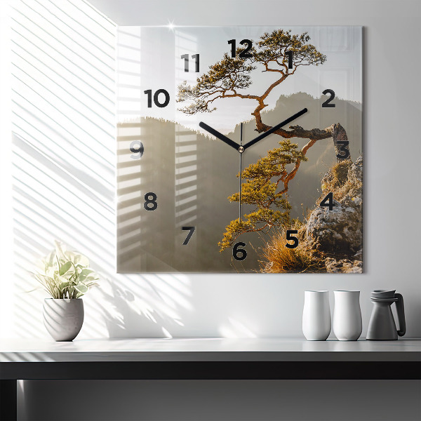 Square glass wall clock A tree in the mountains
