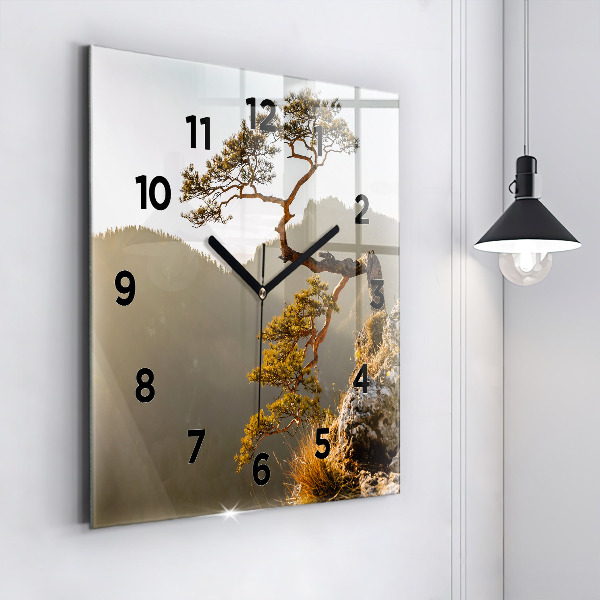 Square glass wall clock A tree in the mountains