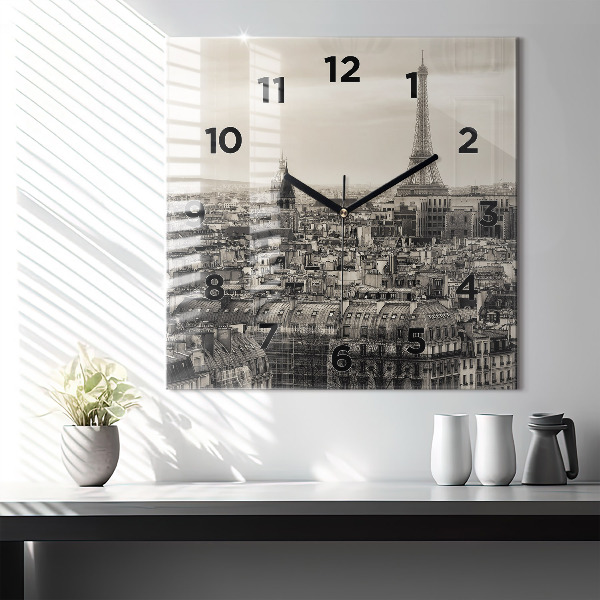 Square glass wall clock Landscape panorama of Paris