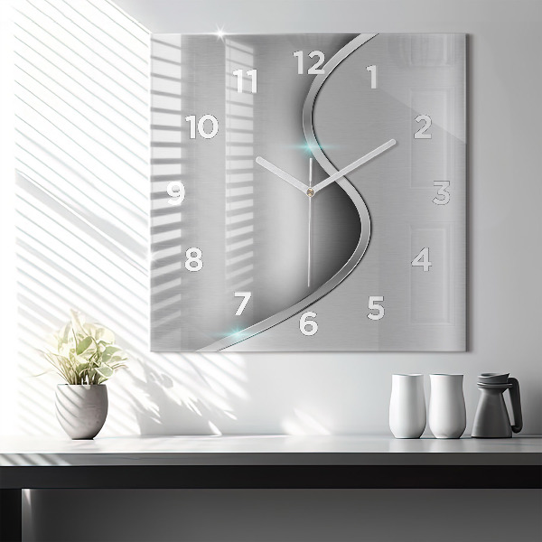 Square glass wall clock Gray metal abstraction