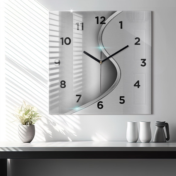 Square glass wall clock Gray metal abstraction