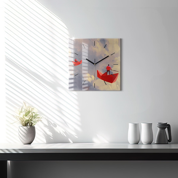 Square glass wall clock Paper ships